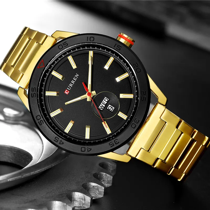 Часы CURREN для мужчин, роскошные часы с ремешком из нержавеющей стали, повседневный стиль, кварцевые наручные часы с календарем, черные часы, мужской подарок255d