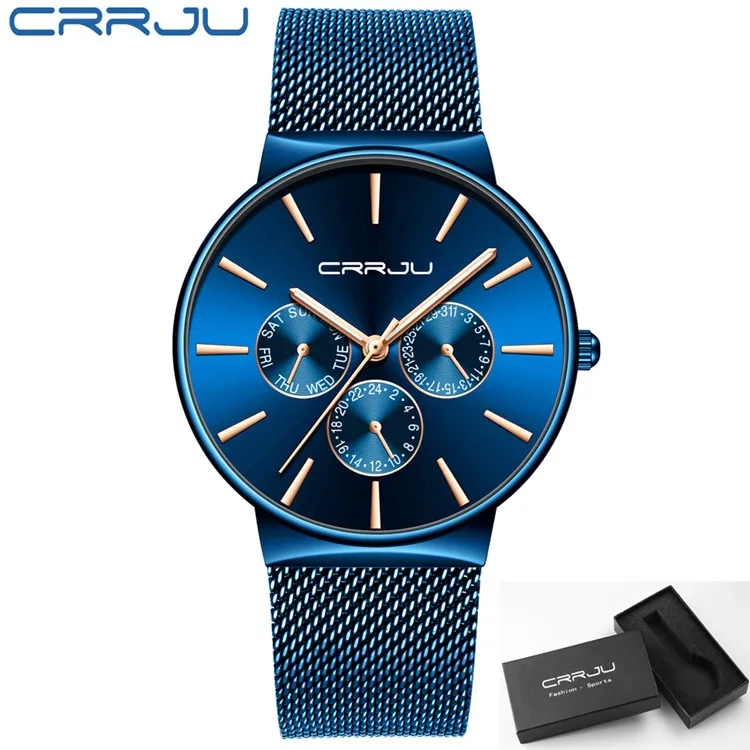 reloj hombre crrju men blue zegarki chronograf ultra cienkie datę moda na nadgarstka zegarek dla mężczyzn męski pasek siatkowy swobodny kwarc Clock193w