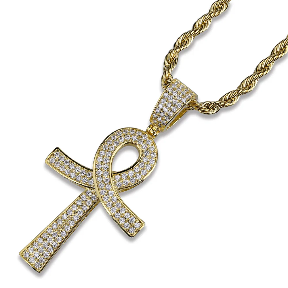 18K Gold and White Gold Plated Diamond Ankt Key of Life Cross Pendant Chain Necklace Cubic Zirconia Hip Hop Rapper Jewelry for Men307m