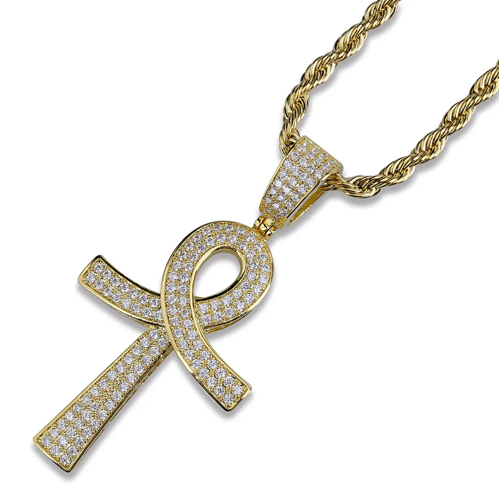 18k Guld- och vitguldpläterad diamant Ankt Key of Life Cross Pendant Chain Halsband Kubik Zirconia Hip Hop Rapper -smycken för Men220a