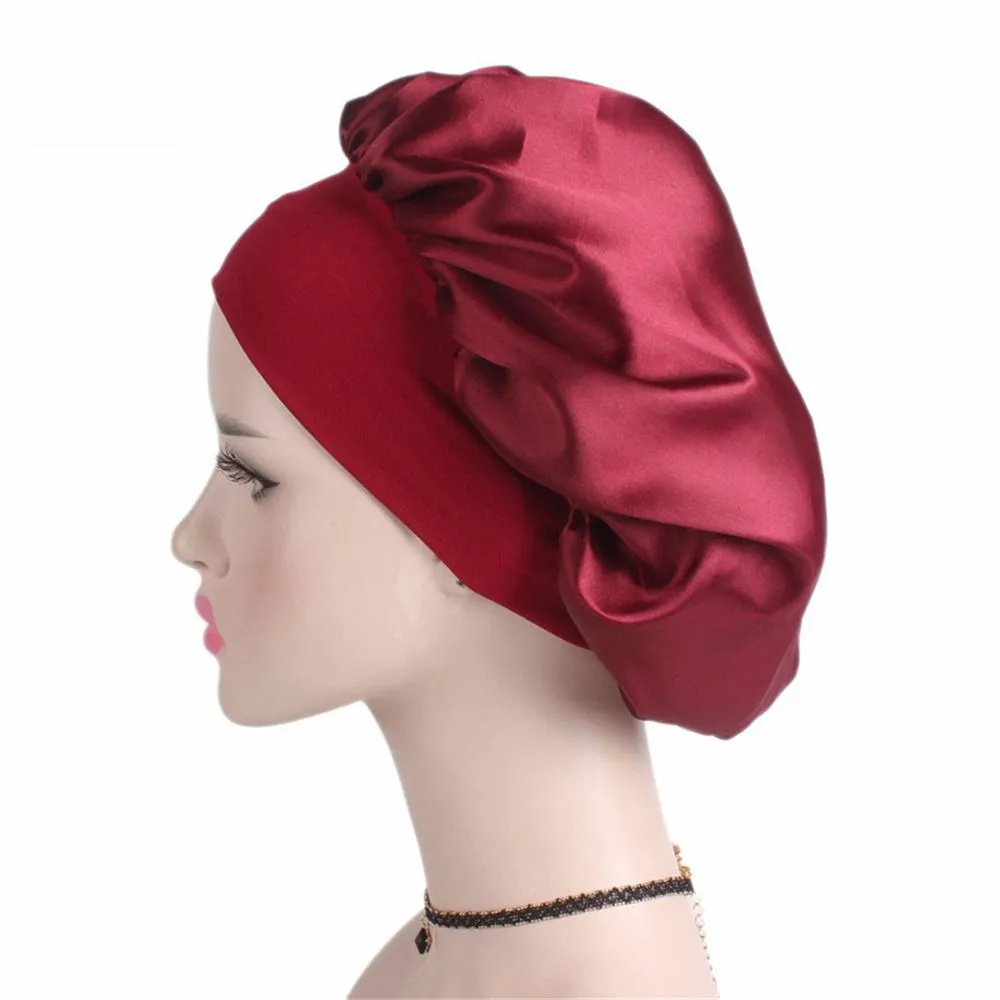 feminino faixa larga cetim seda gorro confortável noite sono boné chapéu senhoras seda macia longo cuidados com o cabelo gorro headwrap345n