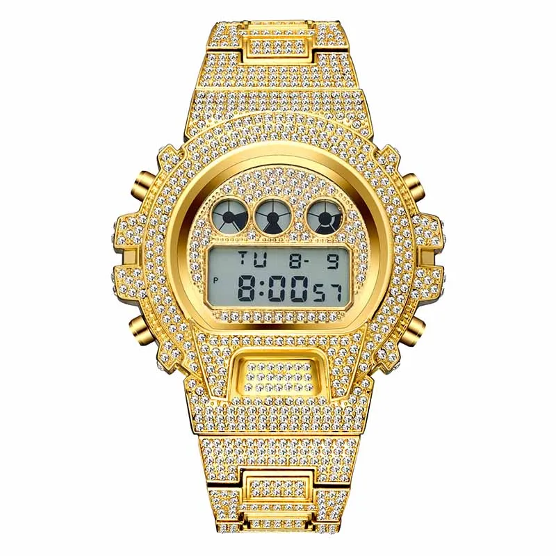 腕時計Missfox多機能GスタイルデジタルメンズウォッチトップLED 18Kゴールドウォッチメンヒップホップ男性アイスアウトウォッチ1344R