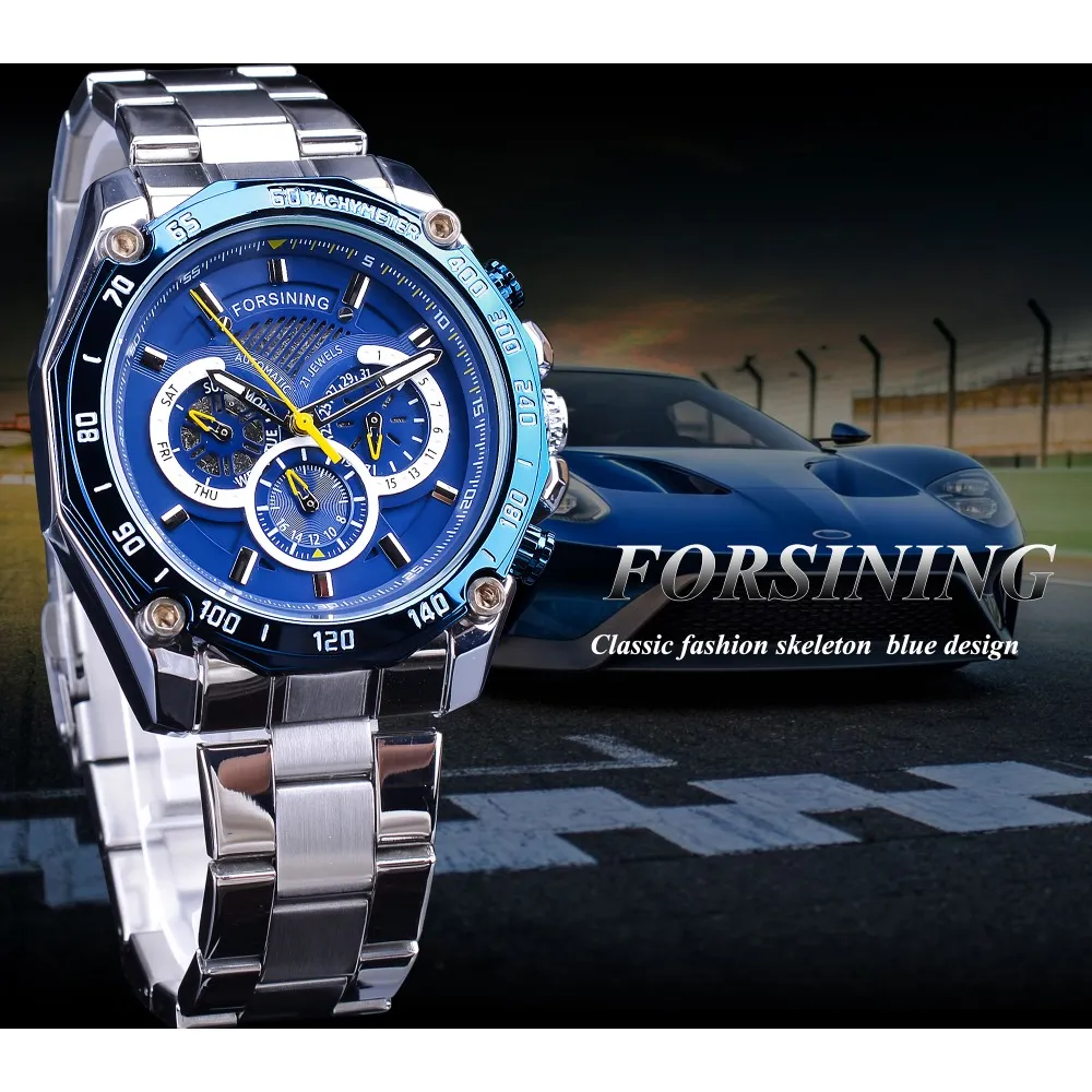 Forsining nuevo diseño azul calendario completo 3 esfera pequeña plata acero inoxidable relojes mecánicos automáticos para hombres Clock237U