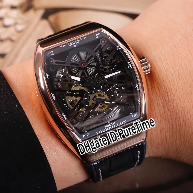 Nowa kolekcja Vanguard V45 Rose Gold Black Inner Dial Turbillon Tourbillon Automatyczne męże zegarki czarne gumowe zegarki Puret216c