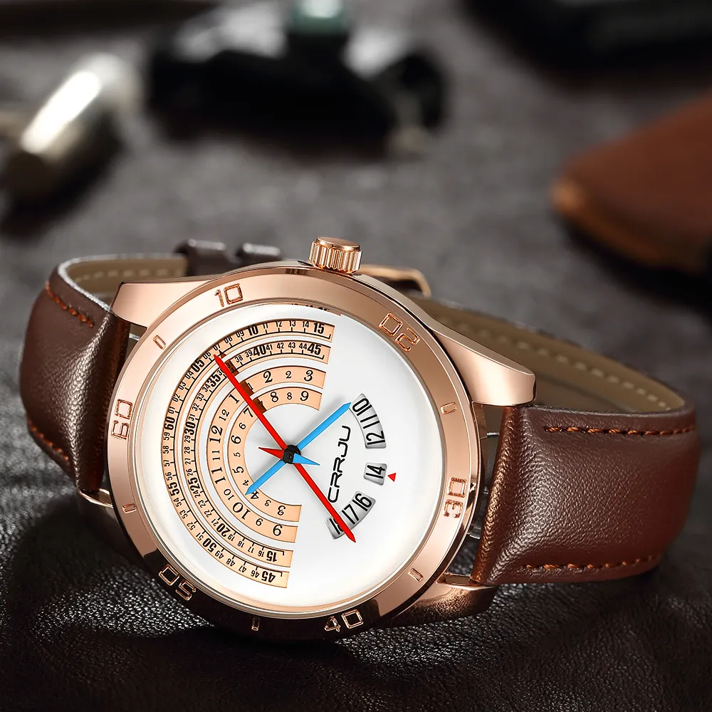 CRRJU hommes de luxe sport en cuir montres mâle drôle calendrier binaire horloge japon mouvement étanche montre-bracelet erkek kol saati237G