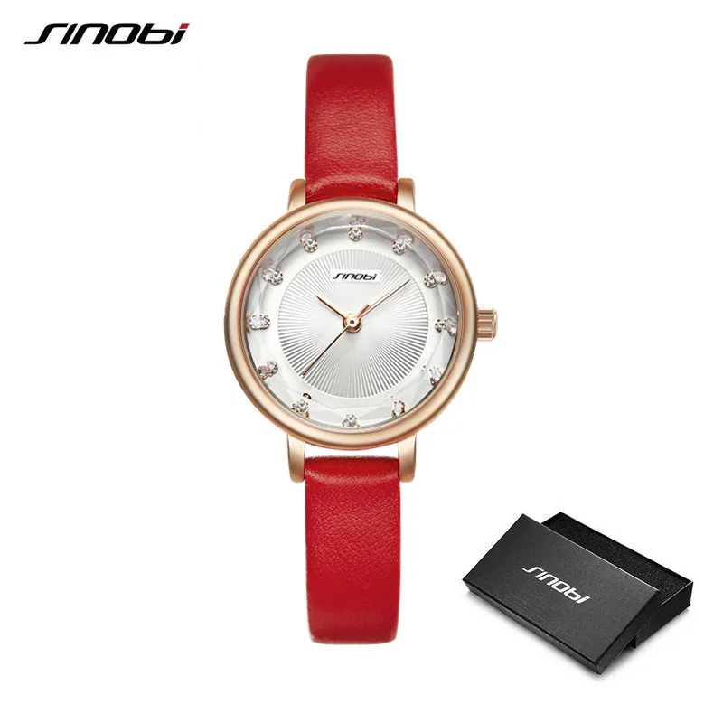SINOBI New Women Watches Simple Ripple Diamond Dial Small Elegant Ladies Watch Red White Leather Quartz Wristwatch Female Gifts220N