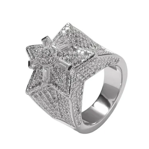 Iced Out CZ Hip Hop Pentagram Star Mens Ring Band New Persumized Top Quality Cumbic Zirconia Gold Full Diamond Street Rapper Fing213S