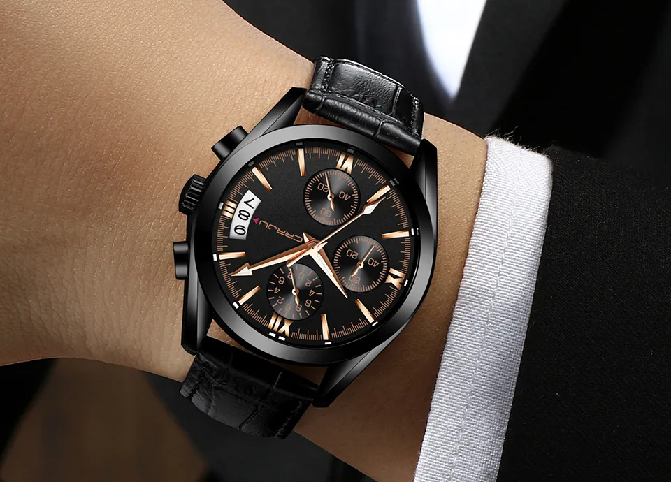 CWP CRRJU MEN MIRICIAL WATHES MALE BLACK DIAL BUSINESクォーツウォッチメンズレザーストラップ防水時計日MULTIFUNCTION244Y