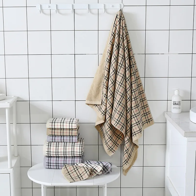 Simple Lattice Soft Absorbent Thick Cotton Towel Bath Towel Set of Three292L