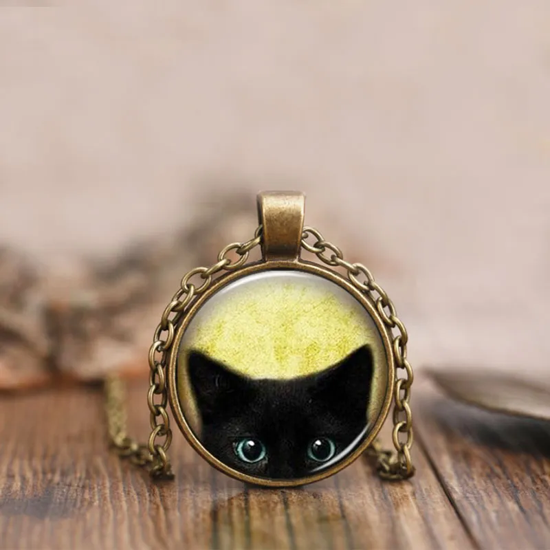 Aangepaste Vintage Glazen Katten Charms Ketting Zilver Antiek Brons Mat Zwart Magische Tijd Gem Hanger Trui Ketting Gift Jewelr215r