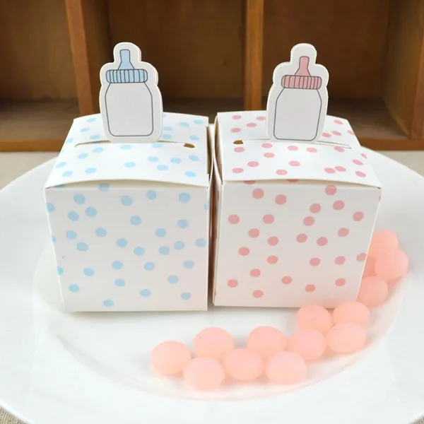 50st Baby Bottle Shape Present Box och blå prickar Tecknad Baby Shower Birthday Favor Candy Boxes Celebration Party Paper Box255n