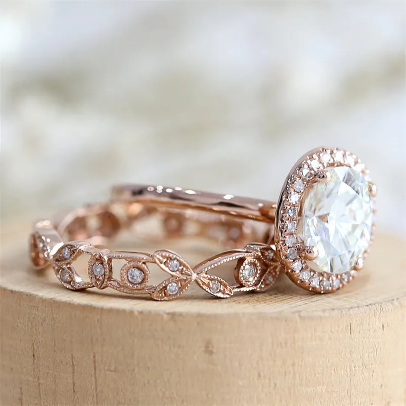 18 km en or rose rempli de design antique en saphir blanc et anneau de mariage de mariée diamant ensemble nous taille 5-12291