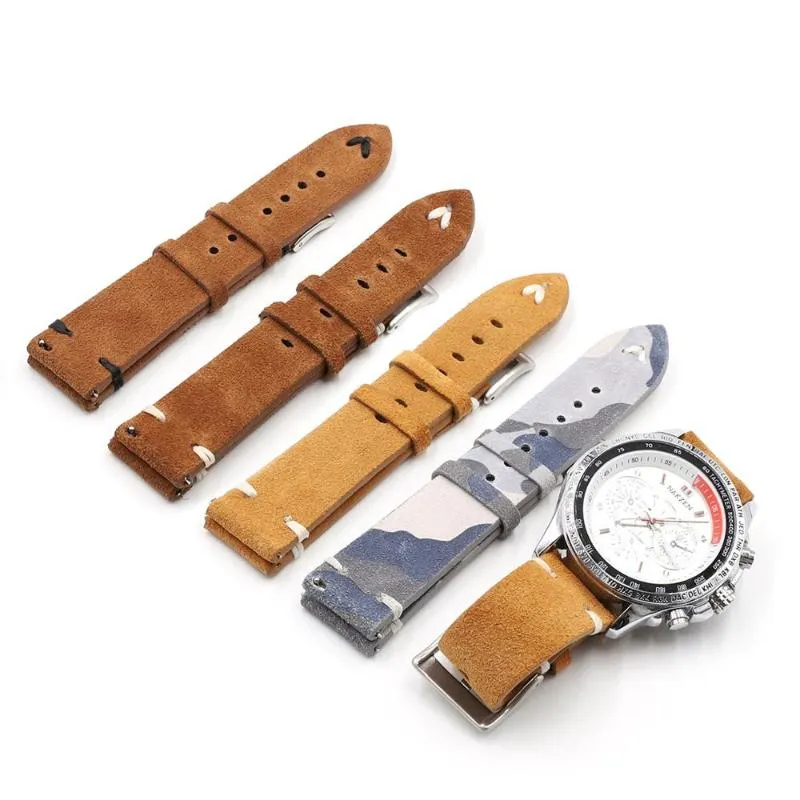 Véritable sangle de montre en cuir en daim 18 20 22 24 mm Brown Coffee Camouflage Watch Bands Men's Band Accessoires 216f
