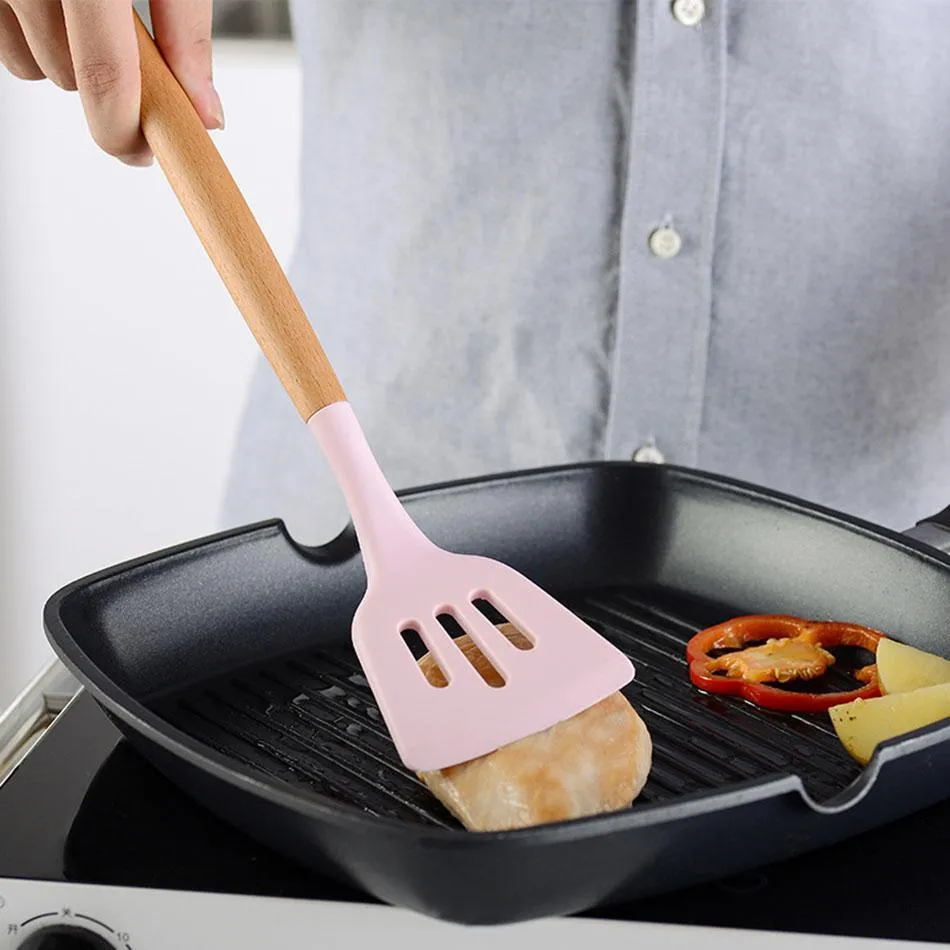 Silikonkokningsredskap Set nonstick Spatula Spade Trähandtaget Matlagningsverktyg Set With Storage Box Kitchen Tools T27075005