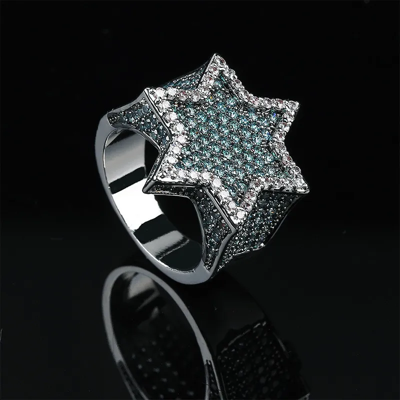 New Iced Out Full Cubic Zircon Franklin Mint Green Gemstone Men's Hexagonal Star Gold Ring Hiphop Jewelry Gift269u