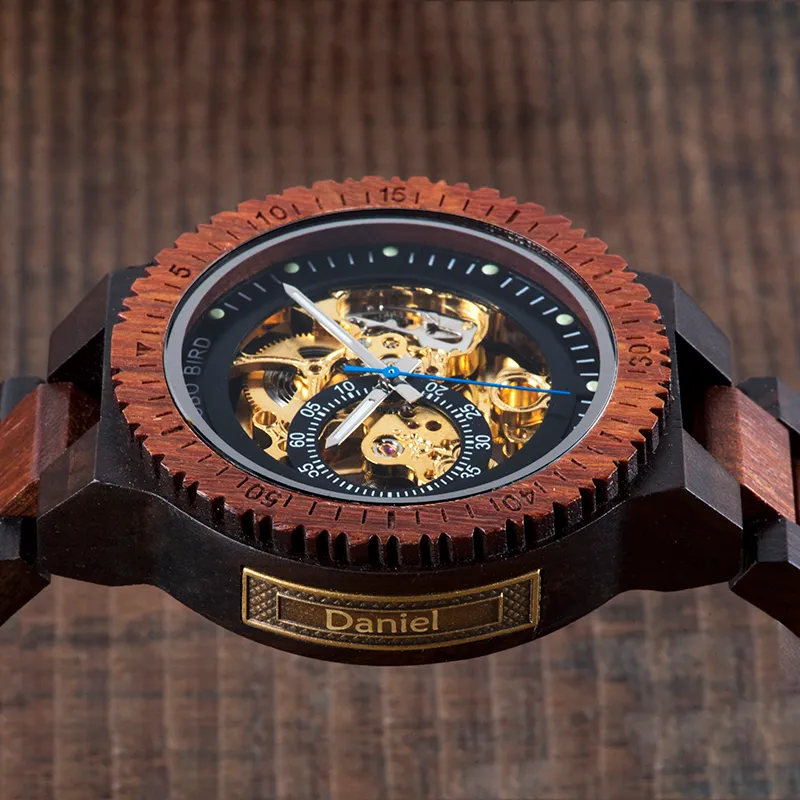 Relogio Masculino Bobo Bird Mechanical Watch Men Wood Wristwatch Automatiskt anpassat namn för pappa Träpresentan Y200414196Y
