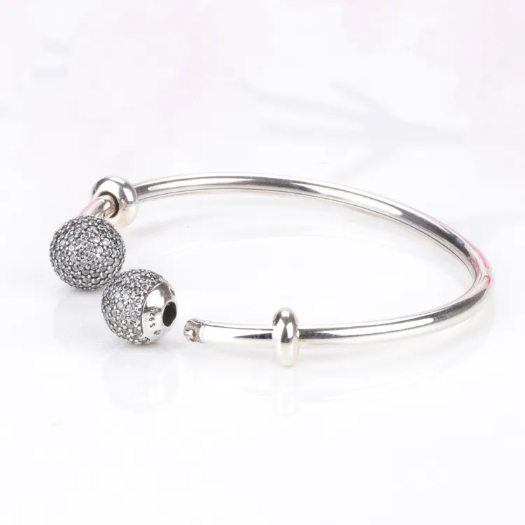 Top Quality Moments Open Bangle Pave Caps With Cubic Zirconia Bangle Pan Bracelet Fit Bead Charm 925 Sterling Silver Jewelry J1907285j