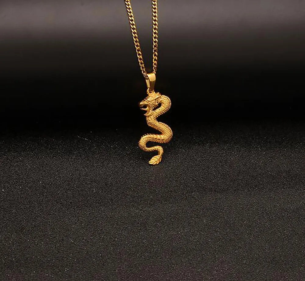 18K Gold Plated Gold Dragon Pendant Necklace Mens Charm with 24inch Cuban Link Chain Hip Hop Jewelry239n