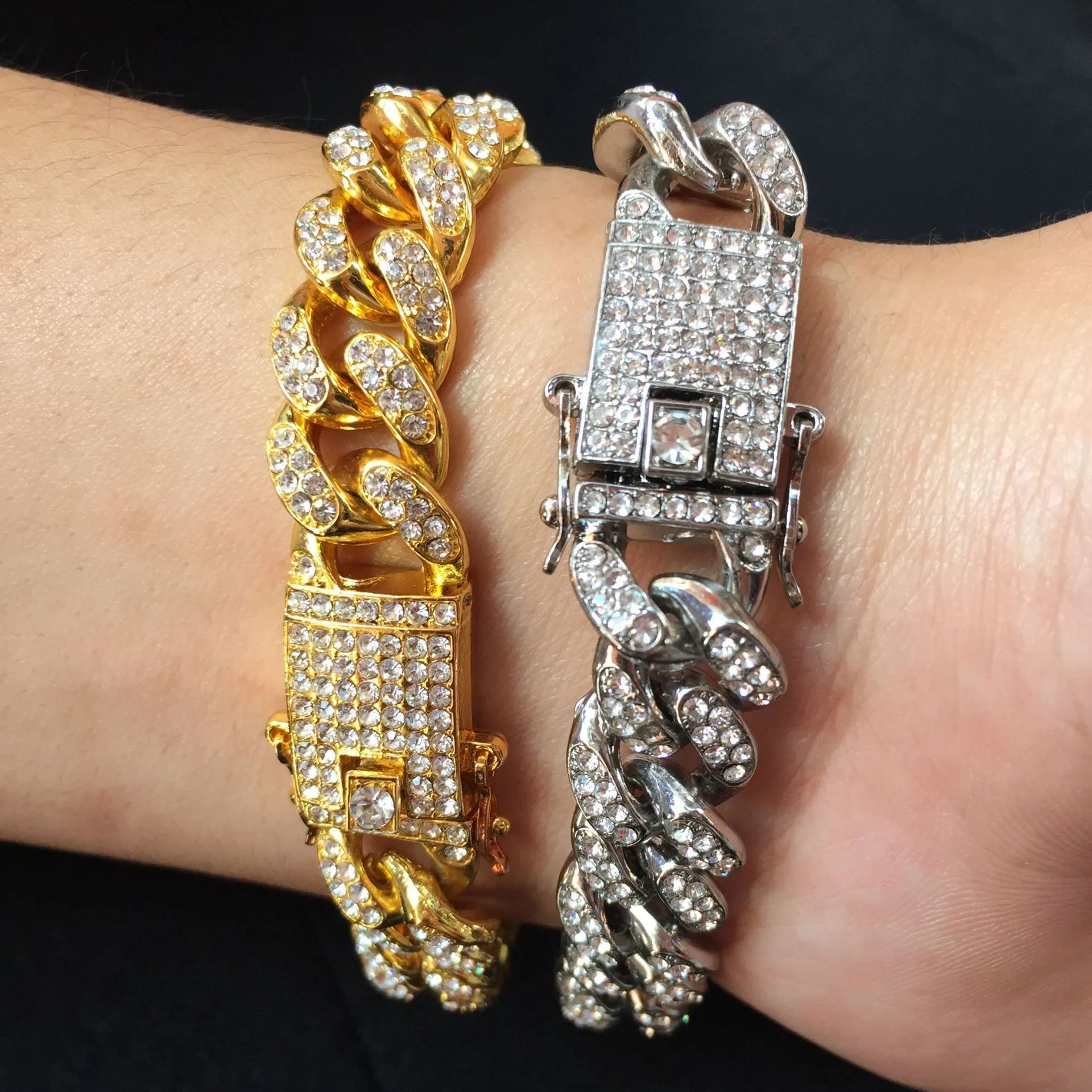 Catene ghiacciate Hip Hop Bracciali in argento dorato Cubic ZIrconia Bling Open Lock Bracciale a catena a maglia cubana Miami senza cuciture gioielli da uomo