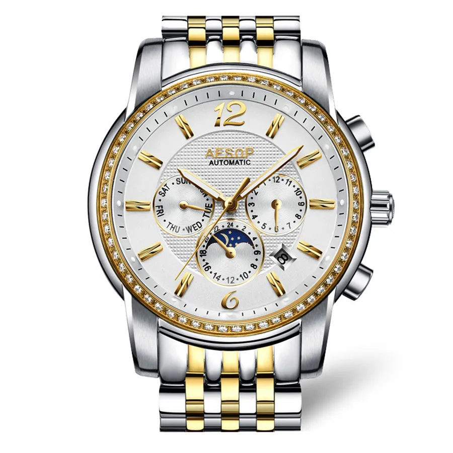 AESOP Luxus Marke Militär Uhr Männer mondphase Automatische Mechanische Uhren Leucht Voller Stahl Wasserdichte Uhr Men320s