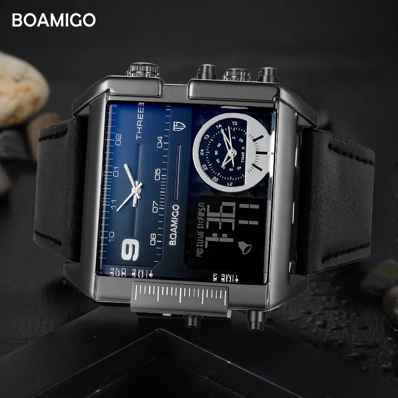 BOAMIGO marque hommes montres de sport 3 fuseau horaire grand homme mode militaire LED montre en cuir montres à quartz relogio masculino CJ19313w