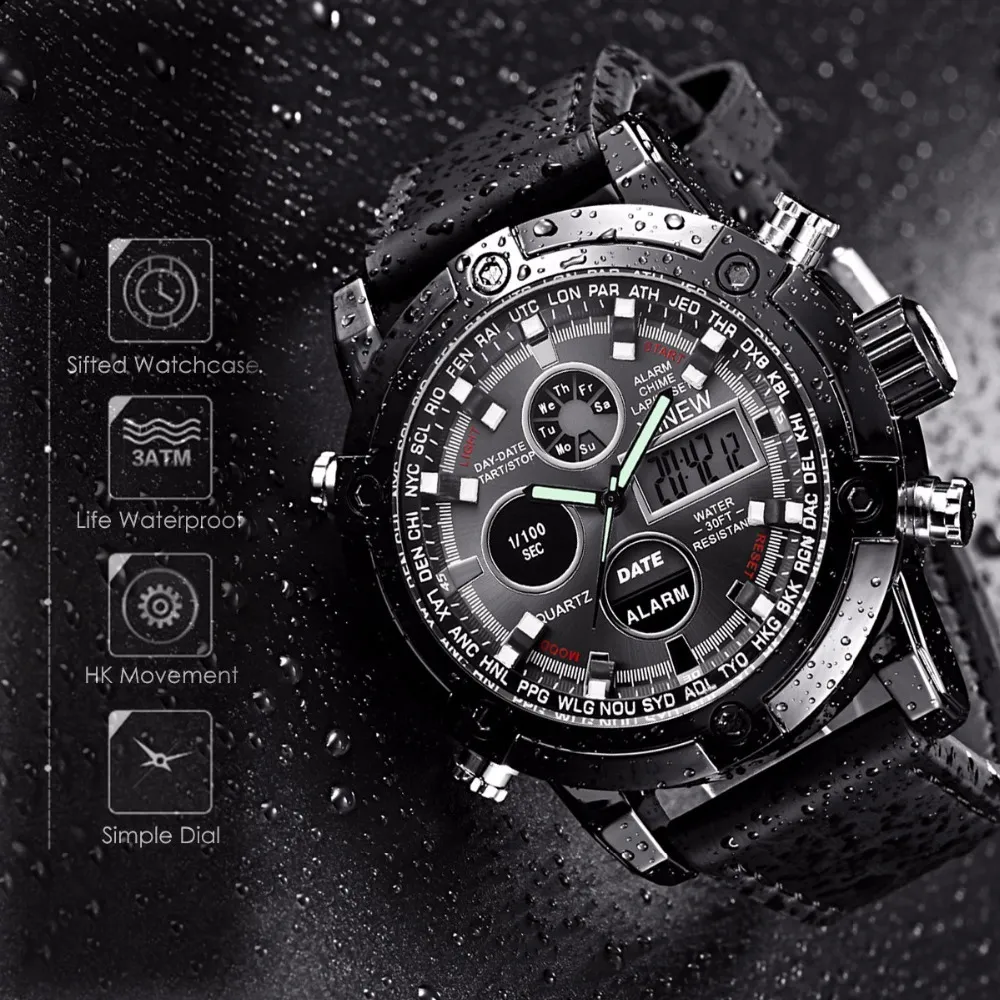 Reloj XINEW de lujo para hombre con doble Movt, reloj de pulsera deportivo analógico Digital LED de cuarzo de cuero para hombre, reloj resistente al agua 3Bar erkek kol saa255x