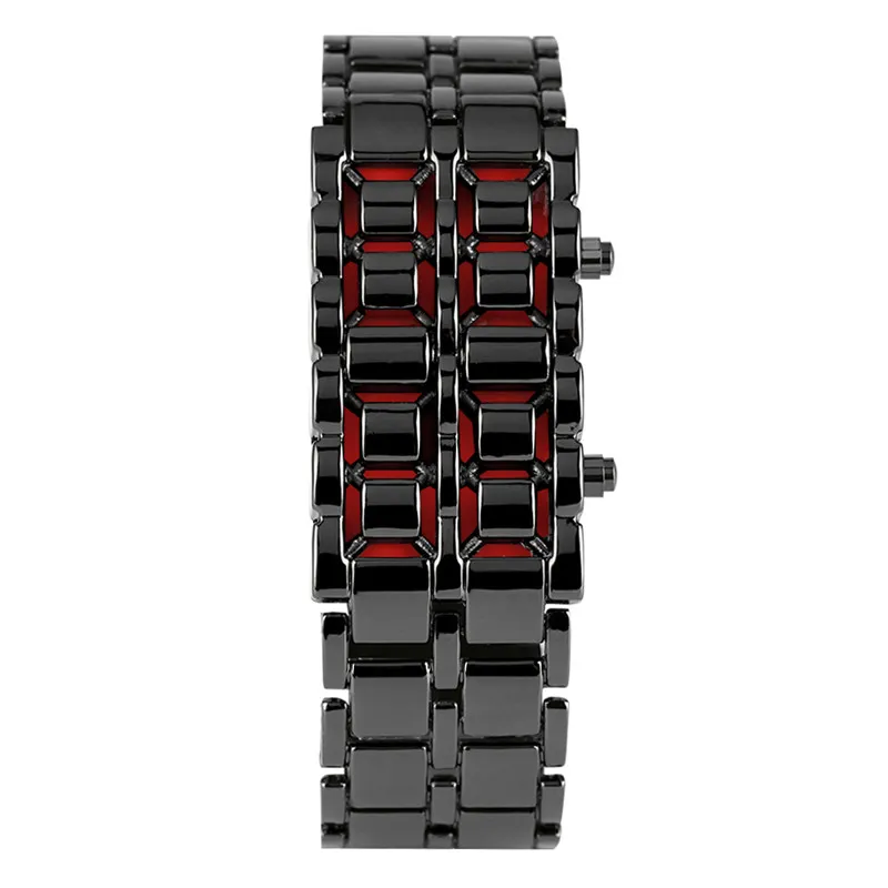 Mode noir argent plein métal numérique lave montre-bracelet hommes rouge bleu LED affichage hommes montres cadeaux pour homme garçon Sport Crea236a