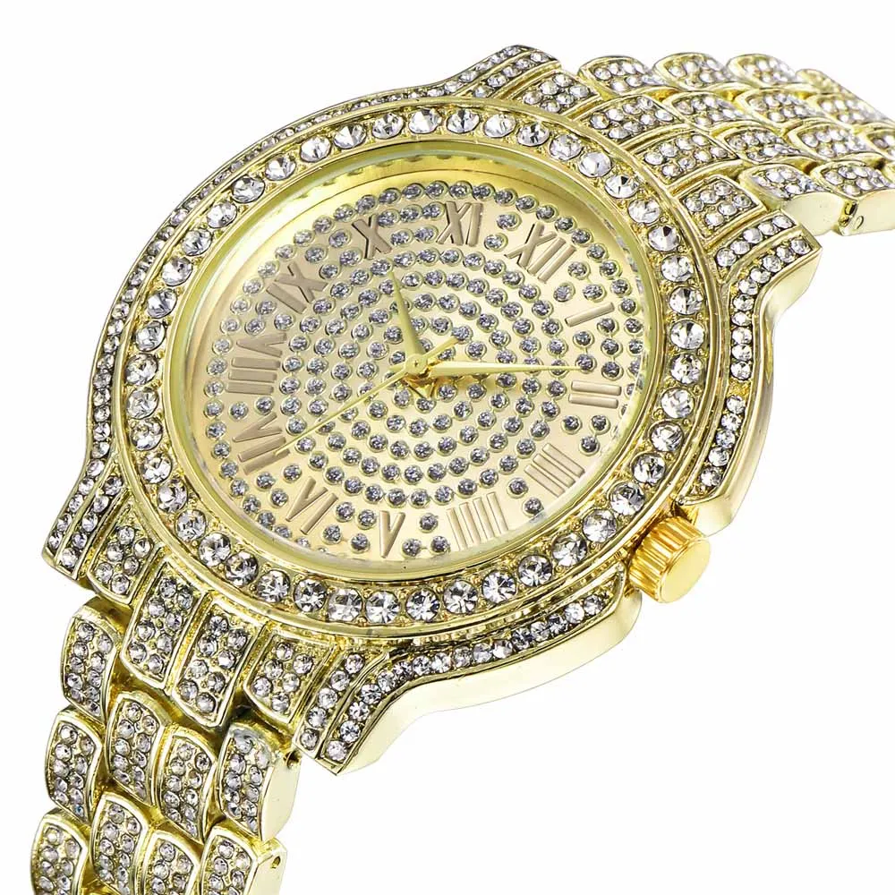 Edelstahl Männer Frauen Uhren Mode Shiny Volldiamant Datum Quarzuhr Unisex Armbanduhren Bing Bling Hip Hip Armbanduhr G294n