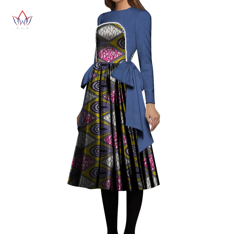 African Women Dress 2020 Pearl Denim & Print Fabric Print Wax Dresses Bazin Riche Mid-Calf Africa Bow Sexy Dress WY6694