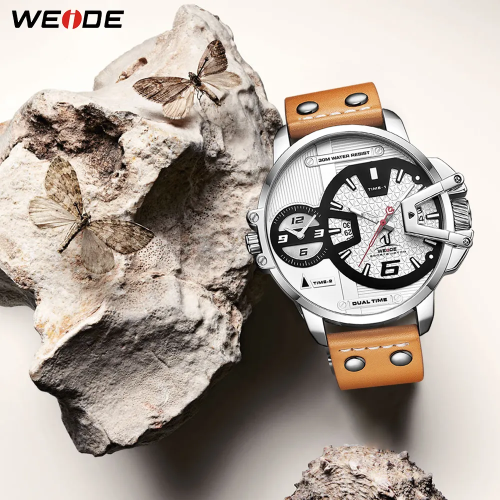 cwp 2021 WEIDE watches Man Luxury Sport Military PU brown leather Strap bracelet Band Quartz Movement Analog Clock Wristwatches Re341C