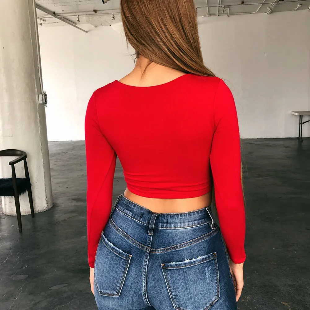 Fashion Women Long Sleeve Sexy Crop Tops T-Shirts Spring Summer Tee Top Deep V Neck Solid Color Basic Tops Slim Female Shirts