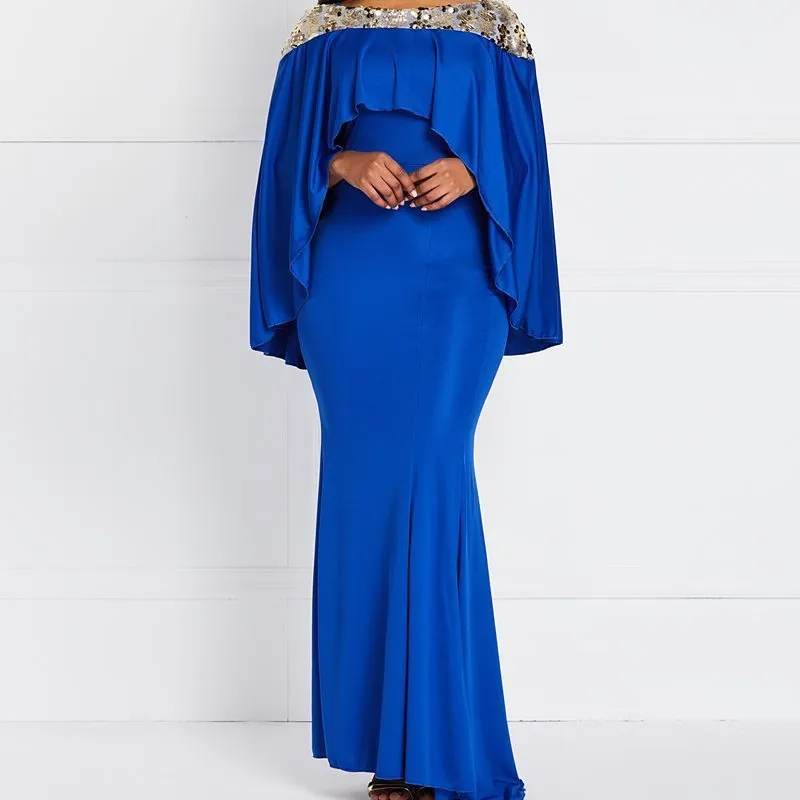 Spring Evening Party Date Mermaid Bodycon Maxi Dress Robe African Women Royal Blue Sequin Cape Ruffle Extra Long Dresses C19041501