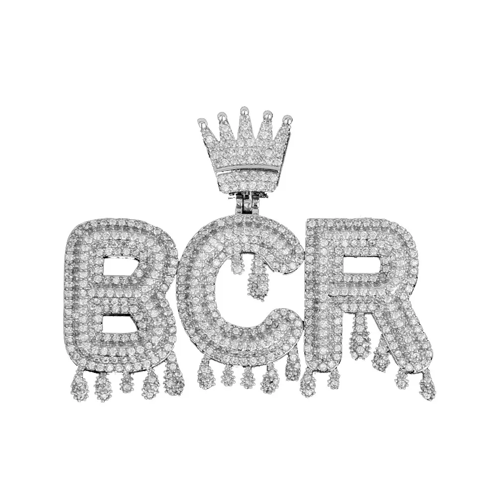 Hip Hop Custom Name Necklace Sparkling Crown Drip Letter Pendant Tennis Chain Halsband för män Kvinnor Guld Silver236W