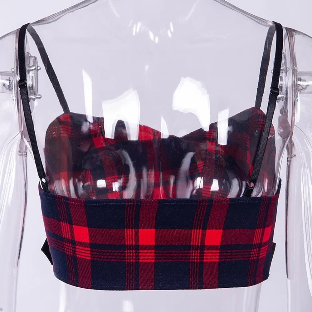 Rosetic Sexy Sangle Débardeur Femmes Gothique Rouge Plaid Zipper Trous Poche Streetwear Punk Fille D'été Casual Chic Crop Tops J190425