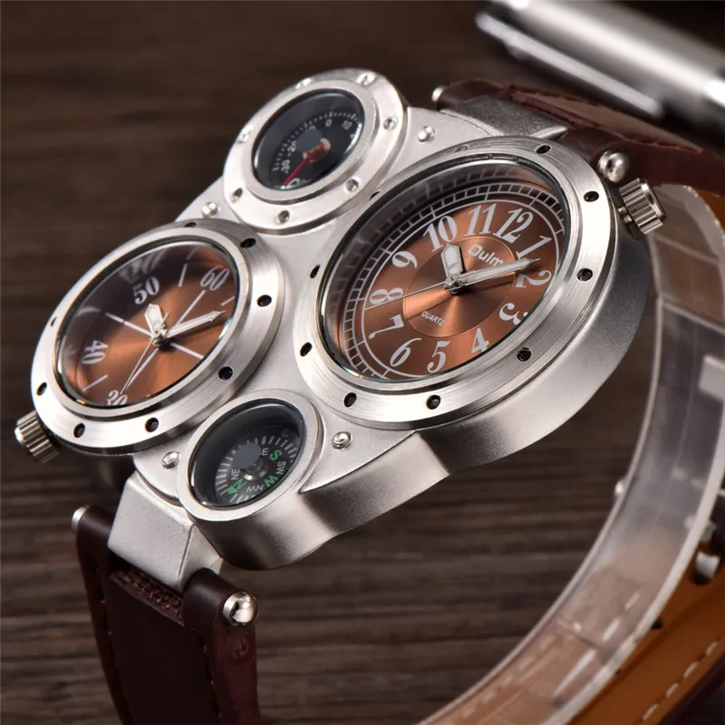 Oulm HP9415 montres de Sport double fuseau horaire montre-bracelet à Quartz boussole décorative thermomètre mode cuir mâle Watch202b