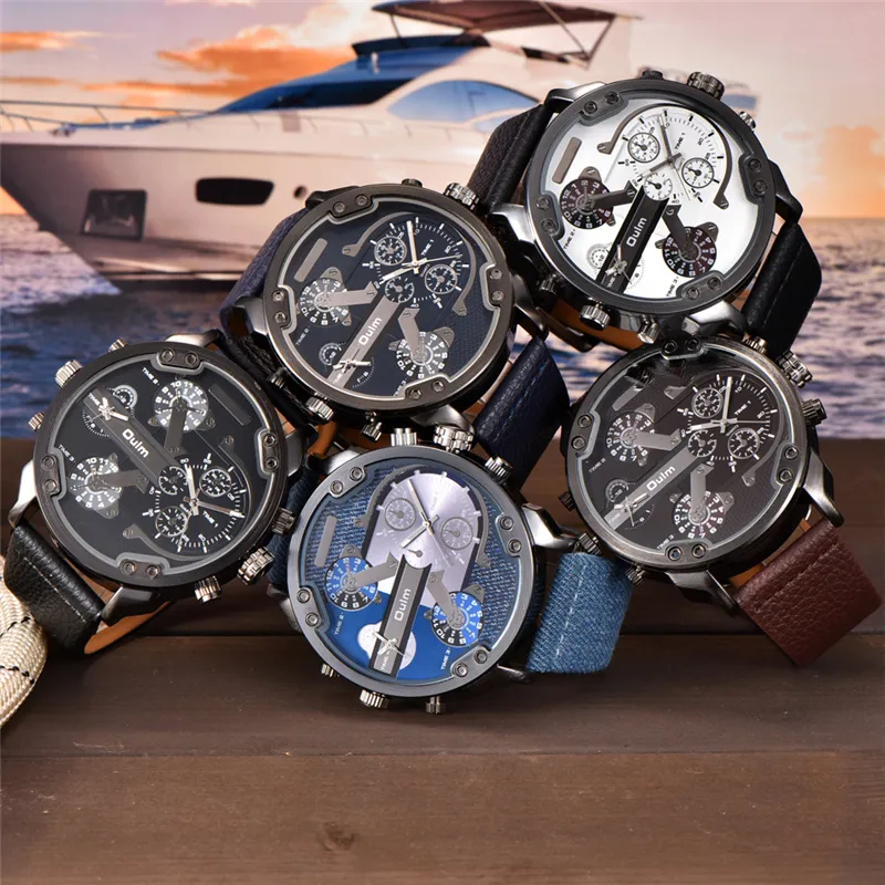 Oulm grandes relógios para homens múltiplos fusos horários esporte relógio de quartzo masculino casual couro dois design marca luxo masculino wriswatch ly302b