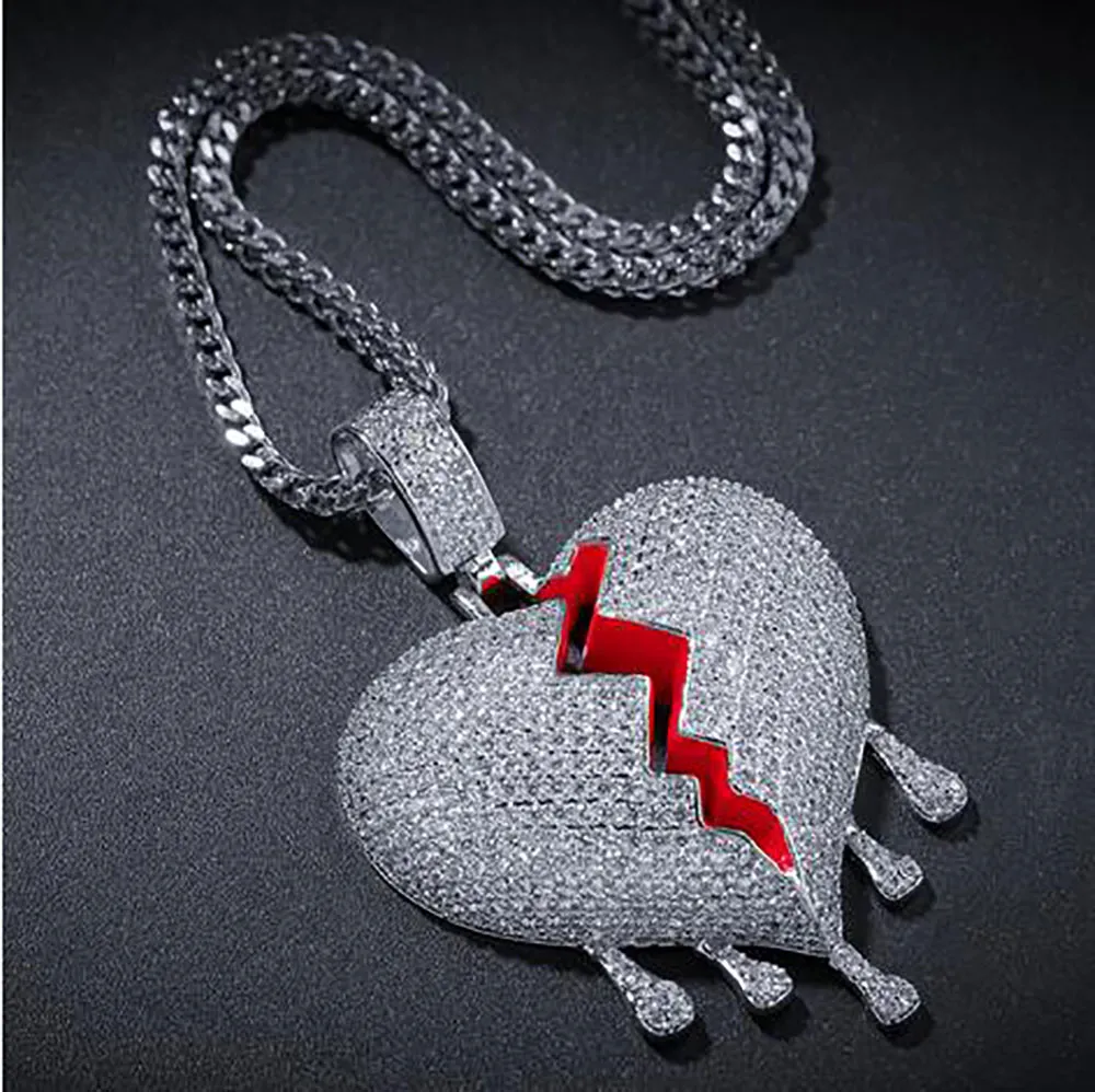 14k Iced Out Diamond Drip Broken Heart Pendant Halsband Bling Micro Pave Cubic Zirconia Simulated Diamonds 4mm 20inch Tennis Chain329k