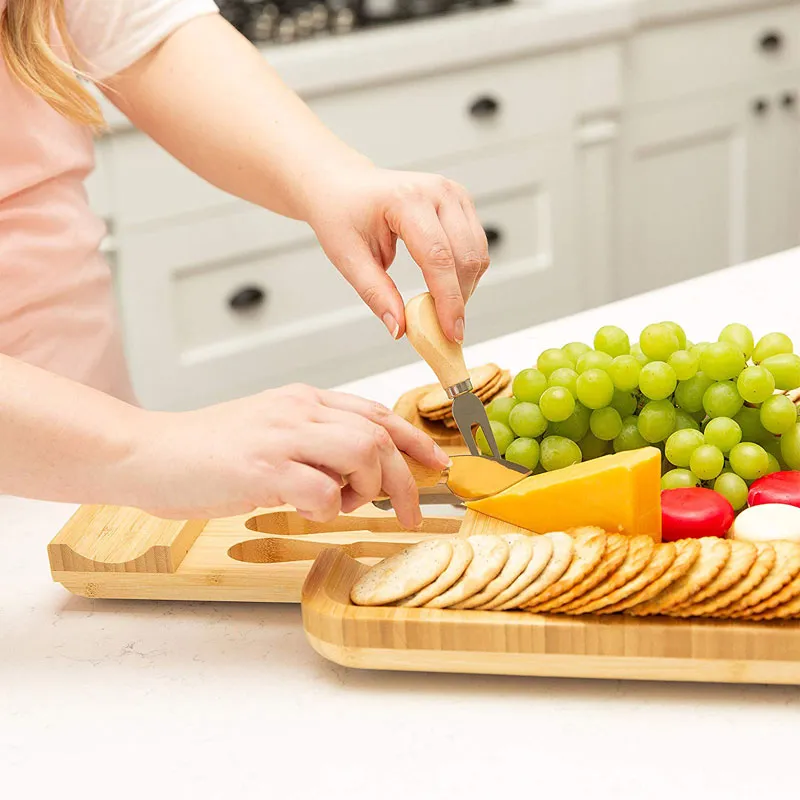 Bamboo Cheese Board Set With Cutlery In Slide-Out Drawer Including 4 Stainless Steel Knife and Serving Utensils Housewarmin333u