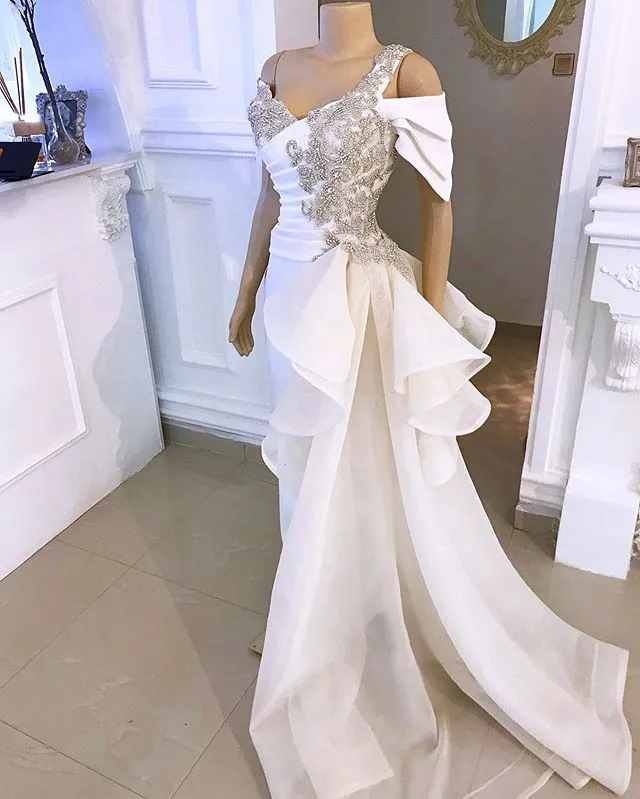White Prom Jumpsuit with Crystal Detailing and Detachable Side Peplum Tail Off shoulder Mermaid Evening Gown Pant Suit296t