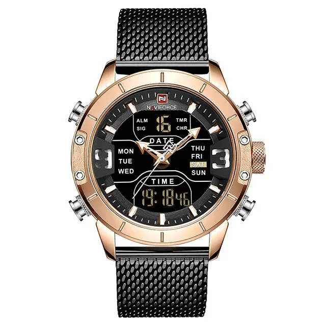 Naviforce Watch Top Luxury Brand Men Military Quartz Wristwatch rostfritt stål Mesh Sportklockor Analog Digital Male Clock284s