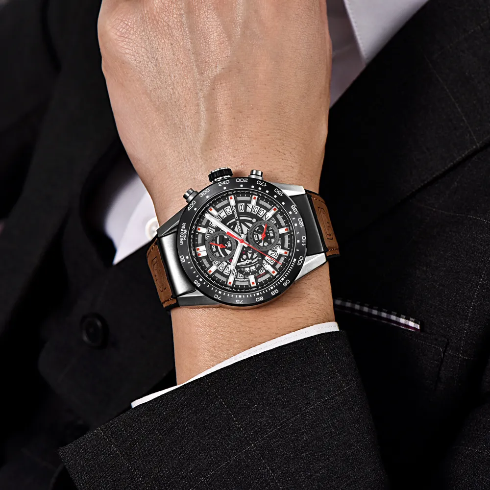 PAGANI DESIGN Fashion Skeleton Sport Chronograph Watch Leather Strap Quartz Mens Watches Top Brand Luxury Waterproof Clock2492