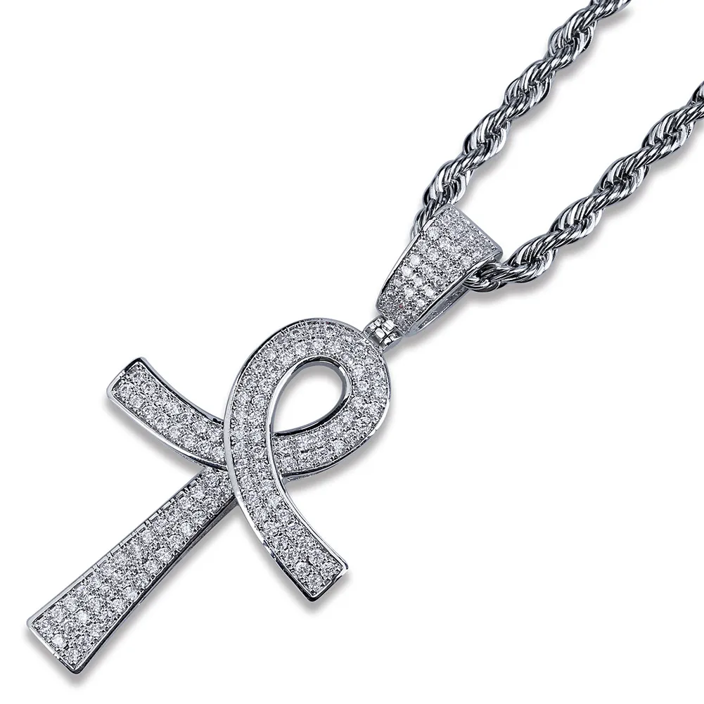 18K Guld- och vitt guldpläterad diamant Ankt Key of Life Cross Pendant Chain Necklace Cubic Zirconia Hip Hop Rapper Jewelry for Men310i