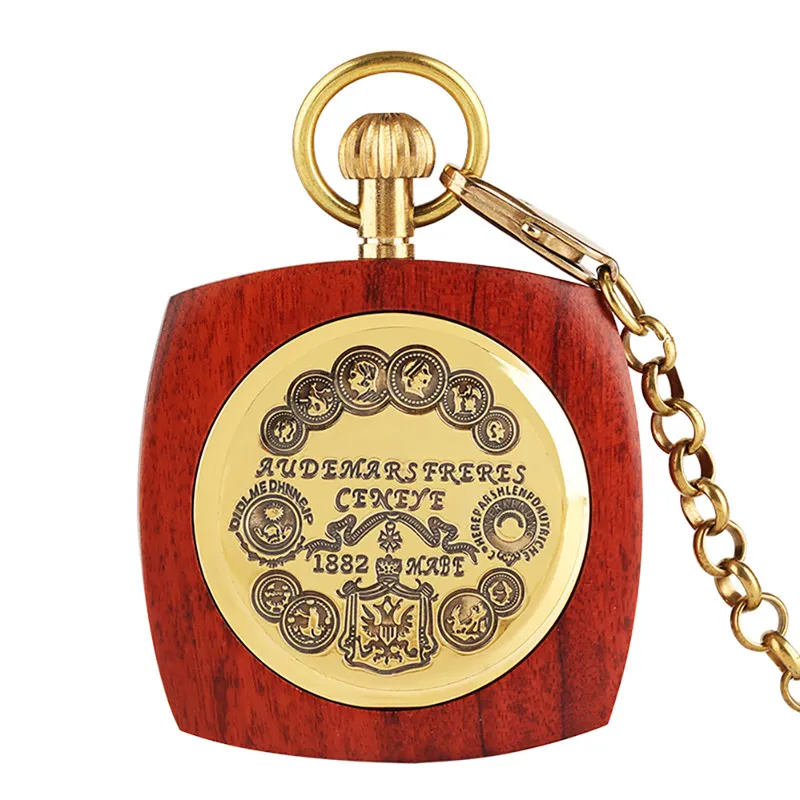 Steampunk Vintage Square Real Wood Automatic Mechanical Pocket Watch Men Women Skeleton Dial Watches Pendant Chain Clock217u