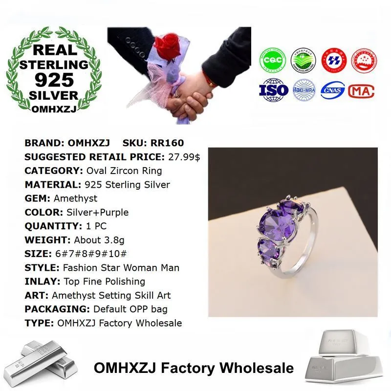 OMHXZJ ensemble européen trois pierres anneaux mode femme homme fête cadeau de mariage argent violet améthyste 925 bague en argent Sterling R2942065