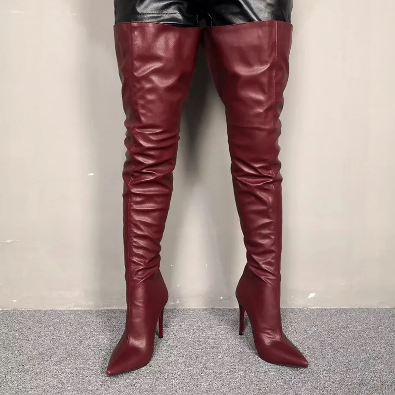 Rontic femmes cuissardes bottes talons aiguilles bottes bout pointu Super Sexy vin rouge noir chaussures de fête femmes Plus taille américaine 5-15