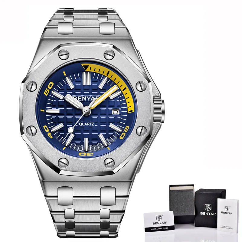 BENYAR Quartz heren Horloges Casual Mode 30M Waterdichte Sport Horloge Mannen Rvs Horloge Heren reloj hombre New262R