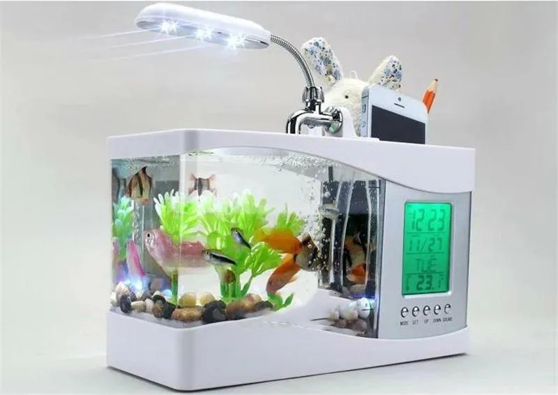 Nyaste mini USB LCD Desktop Lamp Light Fish Tank Multifonction Aquarium Light LED Clock White Black Valentine Christmas Days Gift297U