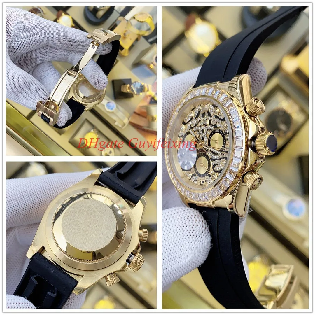 Top Quality Men relógios 116588 TBR 116598 18k Gold Eye of the Tiger Diamond Watch Cosmograph Rubber Band Relógio de pulso automático No C2682