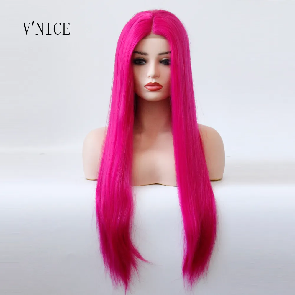 Middle Part Wig Hand Tied Rose Red Color Straight Heat Resistant Hair Cosplay Drag Queen Glueless Synthetic Lace Front Wigs (1)