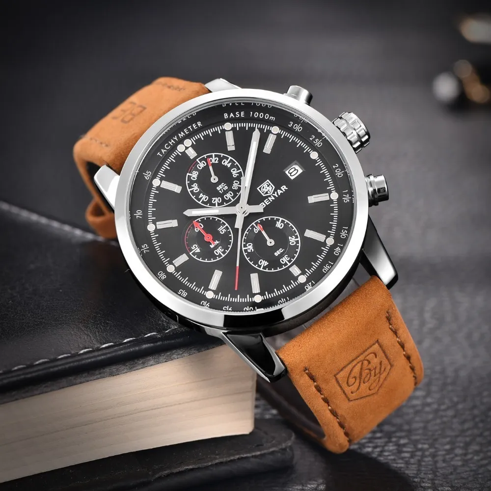 Benyar hommes montre haut de gamme de luxe mâle en cuir Quartz chronographe militaire étanche montre-bracelet hommes Sport horloge Relojes Hombre Y216N